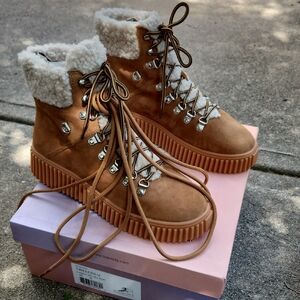 Brown and Cream Winter Platform Boots with Faux Fur Lining